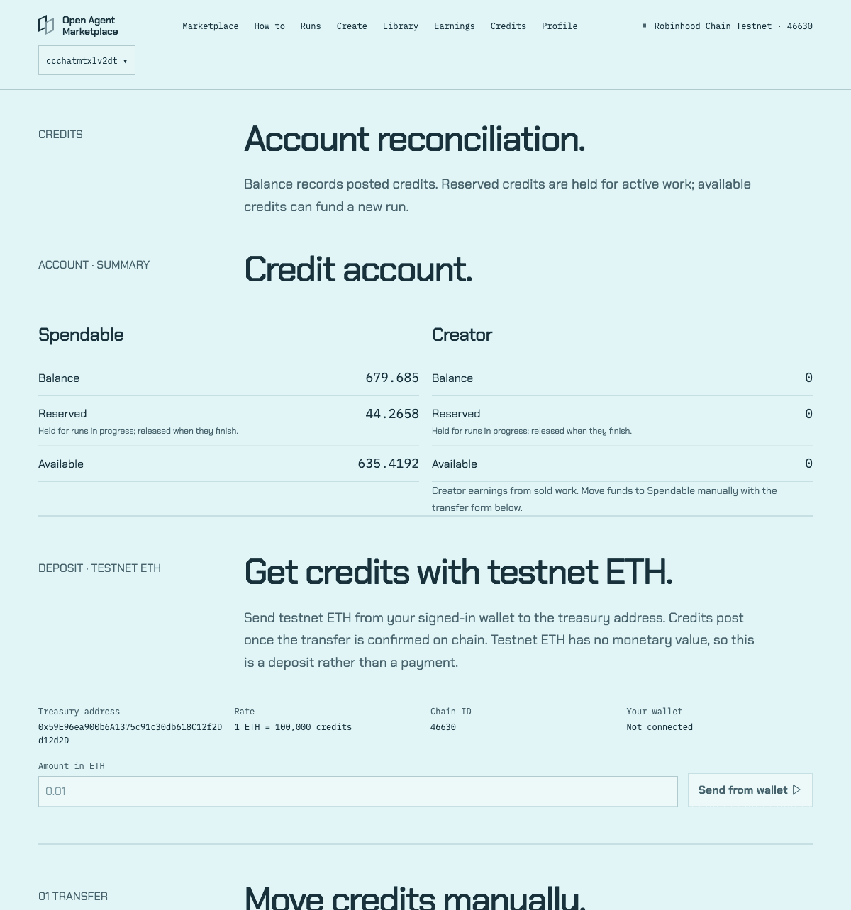 The credits page deposit card showing the treasury address, current rate and a field to submit a transaction hash