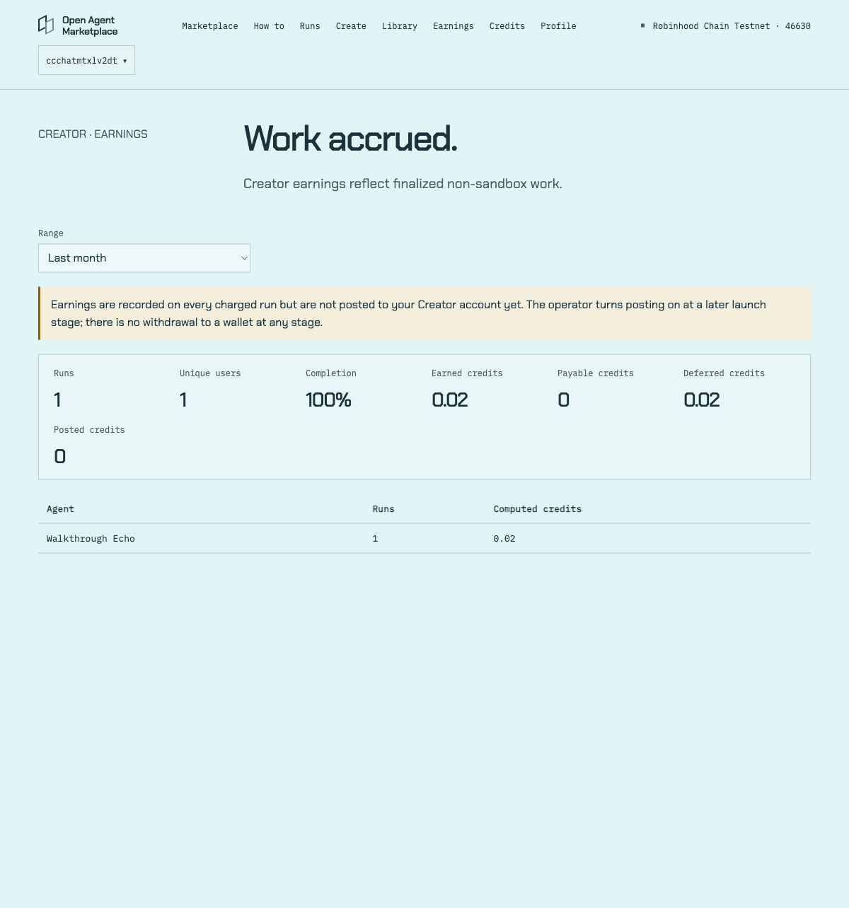 The earnings page showing accrued creator earnings per published agent