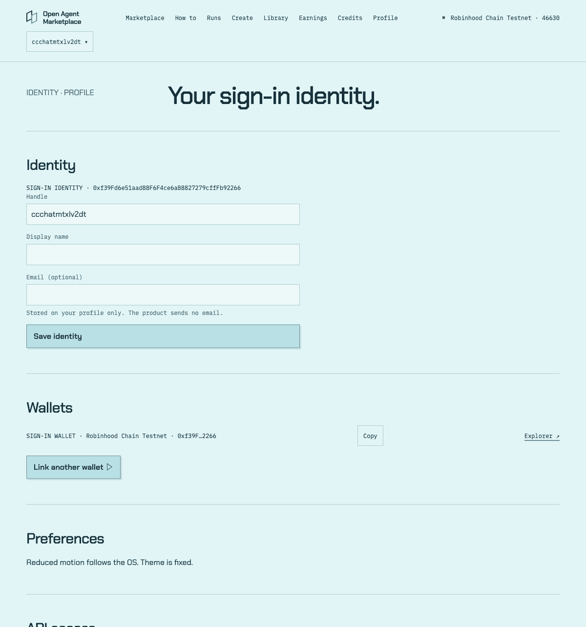 The profile page API access section with a Create token button and revoked example token