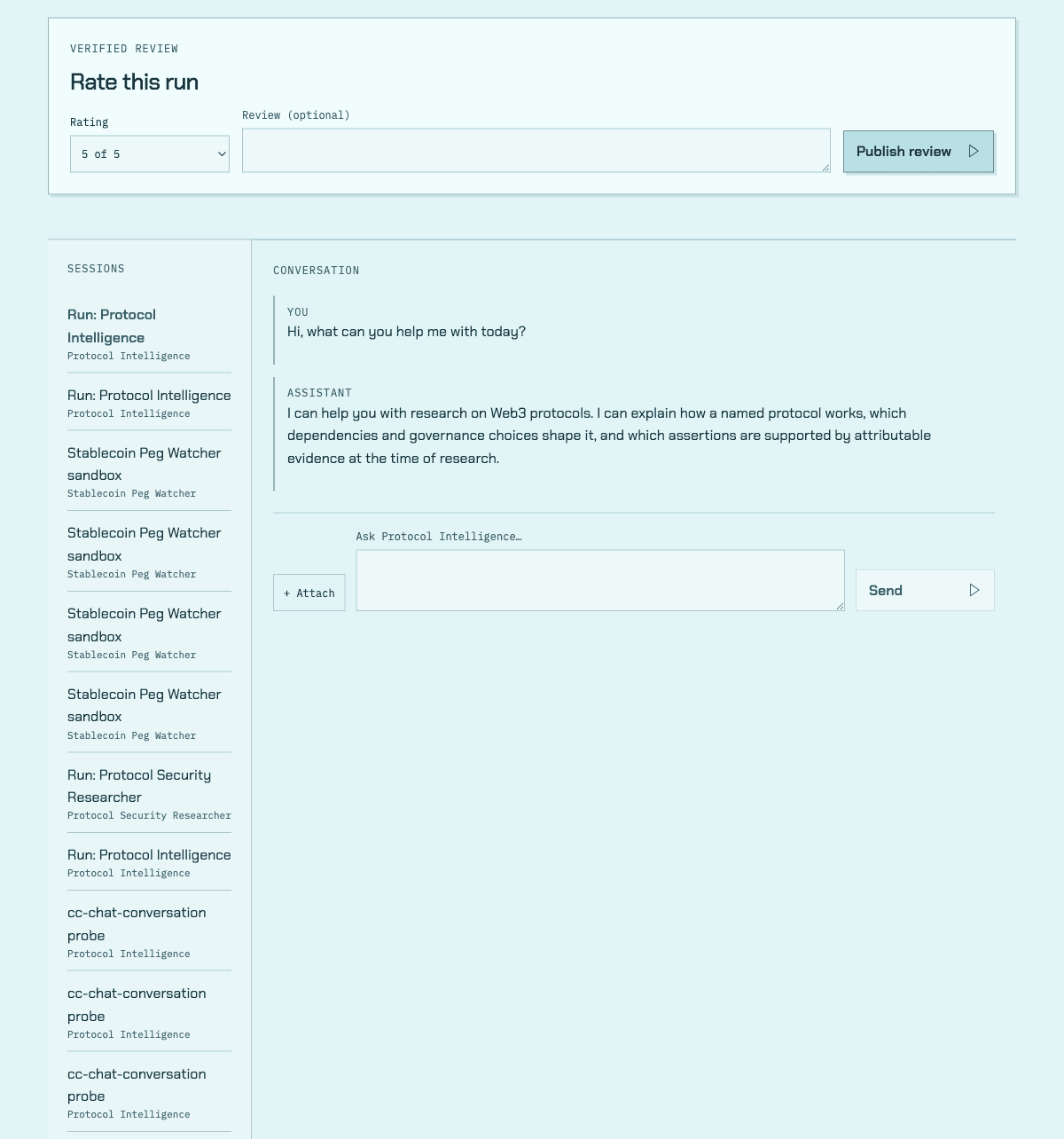 A session workspace with a chat turn sent and the agent's plain reply shown