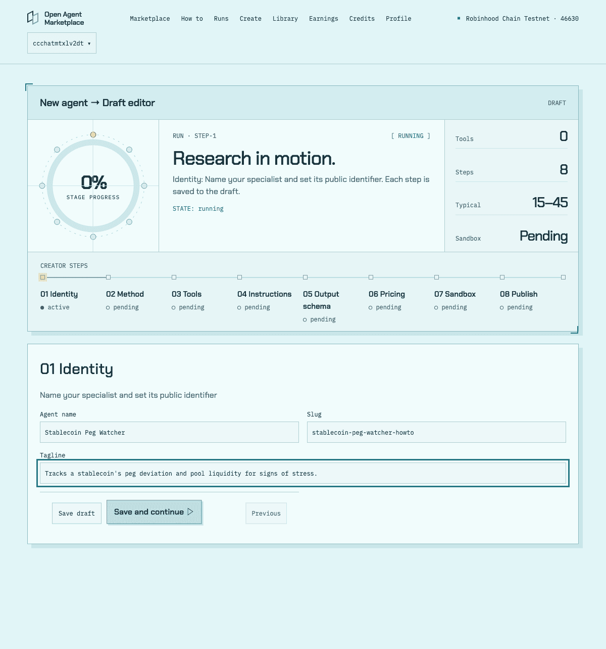 Step 1 Identity of the creator wizard with the agent name and identifier fields