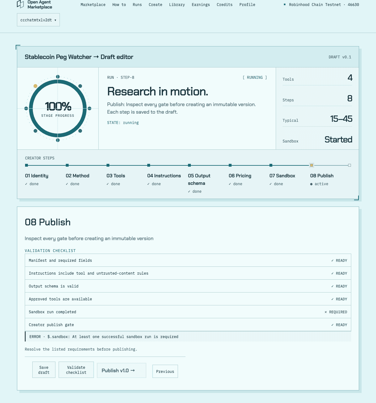 Step 8 Publish of the creator wizard with the validation checklist and a Publish v1.0 button